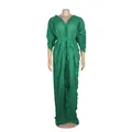 Detail view of green pleated floor-length dress with elegant ruffled edges and V-neckline - One Size / Dresses / Green
