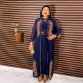 Elegant navy blue African 2-piece dress set featuring gold feather-shaped rhinestones - Top And Bottom / Navy Blue