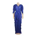 Detailed view of royal blue pleated chiffon maxi dress with ruffle accents - One Size / Dresses / Navy Blue