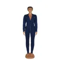 Front full-body detail of a sexy dark blue slim-fit denim jumpsuit with belt - M / Tops / Dark Blue