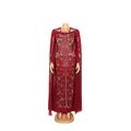 Detailed view of silver sequin patterns on a burgundy African-style chiffon maxi dress. - L / Dresses / Jujube Red