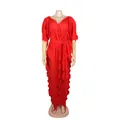 Elegant red ruffled pleated maxi dress featuring a chic V-neckline and waist tie (81) - One Size / Dresses / Red