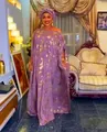 Elegant purple African kaftan dress with gold foil geometric patterns and matching headwrap. - One Size / Dresses / Purple With Gold Print