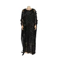 Close-up of black African maxi dress with 3D polka dot floral embroidery detail - One Size / Dresses / Black