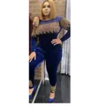 Elegant navy blue African velvet two-piece set featuring gold rhinestone fringe detail - Navy Blue