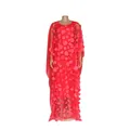 Elegant African red long dress with 3D floral applique on a sheer mesh cape overlay - One Size / Dresses / Red