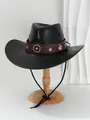 Detailansicht eines schwarzen PU-Leder-Cowboyhuts mit rosa Perlenblumen-Stickband - M (56-58cm) / Blumenstickerei-Stil (WH1) / Schwarz