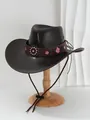Detailansicht eines dunkelbraunen PU-Leder-Cowboyhuts mit rosa Blumenstickerei. - M (56-58cm) / Blumenstickerei-Stil (WH1) / Dunkelbraun