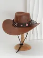 Detailansicht eines braunen PU-Leder-Cowboyhuts mit Blumenstickerei und schicker Perlenschnalle. - M (56-58cm) / Blumenstickerei-Stil (WH1) / Khaki
