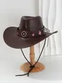 Eleganter brauner Cowboyhut aus PU-Leder mit rosa Blumenstickerei und Perlenakzenten - M (56-58cm) / Blumenstickerei-Stil (WH1) / Braunrot