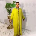 Loose yellow African evening gown with leopard print collar and rhinestone details. - One Size / Set / Yellow