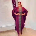 Elegant burgundy African plus size loose kaftan dress with gold meander pattern trim - One Size / Dresses / Burgundy