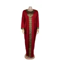 Elegant red African style maxi dress featuring golden lace embroidery and long sleeves - One Size / Dresses / Burgundy