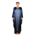 Elegant blue satin African plus size kaftan dress with silver Greek key pattern detail. - One Size / Dresses / Navy Blue