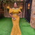 Elegant yellow African evening dress with luxury 3D floral embroidery and sparkling sequins - XL / Dresses / Yellow