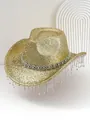 Gold glitter cowboy hat with sparkling rhinestone fringe and decorative gemstone band - M (56-58cm) / Light gold