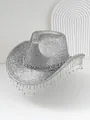 Shiny silver cowboy hat with heavy rhinestone tassels for party and festival stage use - M (56-58cm) / Silver