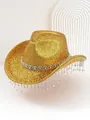 Glittery gold cowboy hat featuring heavy rhinestone trim and crystal fringe for party - M (56-58cm) / Gold