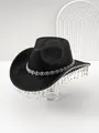 Black sequined cowboy hat with heavy rhinestone fringe and crystal tassels for parties. - M (56-58cm) / Black