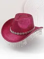 Vibrant magenta glitter cowboy hat featuring heavy rhinestone fringe tassels for party - M (56-58cm) / Rose Red