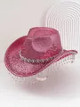Sparkly pink cowboy hat with heavy rhinestone tassels for party and stage performances - M (56-58cm) / Pink