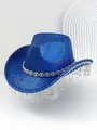 Blue sparkly cowboy hat with heavy rhinestone tassels for party and stage performances - M (56-58cm) / Sapphire Blue