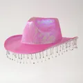 Detalle de sombrero vaquero rosa neón iridiscente con flecos largos de diamantes de imitación - M (56-58cm) / Rosa rojo