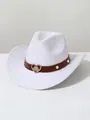 White western cowboy hat featuring a brown band with pearls and heart rhinestone buckle - M (56-58cm) / White