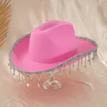 Rosa Y2K-Cowboyhut mit silbernem Besatz und Sternquasten für Partys und Feiern. - M (56-58cm) / Rosa