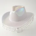 Sombrero vaquero blanco iridiscente con borlas de diamantes para fiestas y danza. - M (56-58cm) / Plata Iridiscente