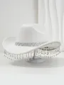 Elegant white cowboy hat featuring heart crystal band and sparkly rhinestone tassels - M (56-58cm) / White