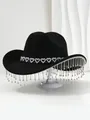 Detailed shot of a black cowboy hat featuring crystal heart band and rhinestone tassels - M (56-58cm) / Black
