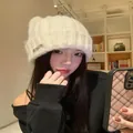 Korean style cat ear knit beanie hat for women in warm cream white color for winter - Metal Label Style / White with Metal Label / 58-63