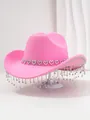 Elegant pink cowgirl hat featuring silver heart decorations and shiny rhinestone fringe - M (56-58cm) / Pink