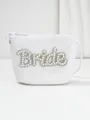 Detailed view of the white woven bride bag with pearl and rhinestone letter decoration - White Pearl Style