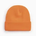 Bonnet en tricot orange vif montrant la texture très douce du tissu acrylique - Style Tricoté à Bord Replié / Orange Néon