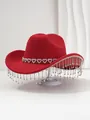 Detailed view of a bright red cowboy hat with heart rhinestones and crystal tassels - M (56-58cm) / Red