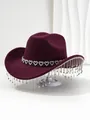 Detail view of burgundy cowboy hat featuring heart rhinestone band and sparkling tassels - M (56-58cm) / Burgundy