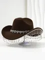 Detail showing a brown cowboy hat with heart-shaped band and sparkling crystal tassels. - M (56-58cm) / Dark Coffee