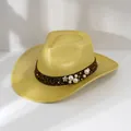 Sparkly yellow cowboy hat with leopard print band and pearl accents for parties - M (56-58cm) / Yellow