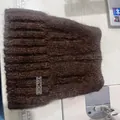Dark brown fluffy knit beanie with cat ears and silver metal logo tag detail - Coffee with Metal Label