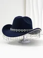Elegant navy blue cowboy hat with heart rhinestones and sparkling silver fringe tassels - M (56-58cm) / Navy Blue