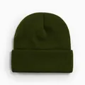 Vue détaillée du bonnet en maille acrylique vert foncé avec bord replié. - Style Tricoté à Bord Replié / Vert Militaire