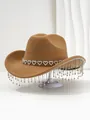 Detailed view of brown cowboy hat with heart jewels and sparkling rhinestone fringe. - M (56-58cm) / Khaki