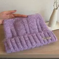 Cozy purple fuzzy cat ear knitted beanie with unique metal branding detail for winter - Purple with Metal Label