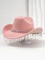 Close-up of pink felt cowboy hat featuring heart rhinestone band and sparkling fringe detail. - M (56-58cm) / Coral Pink