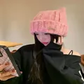 Cute pink cat ear knitted beanie hat for women winter warm stylish cable knit cap - Pink with Metal Label