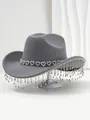 Detailed view of gray cowboy hat featuring heart-shaped rhinestones and dangling fringe - M (56-58cm) / Gray