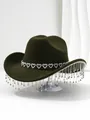 Macro view of forest green cowboy hat featuring heart band and rhinestone tassels - M (56-58cm) / Army Green