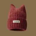 Cute cat ears knitted beanie hat in dark reddish brown color winter warm skull cap - Wine Red with White Cloth Label